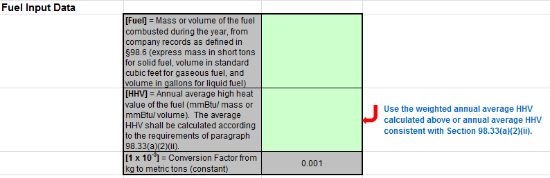 C-2a, C-2b, C-9a Fuel Input Spreadsheet Data Entry into the Green Cells